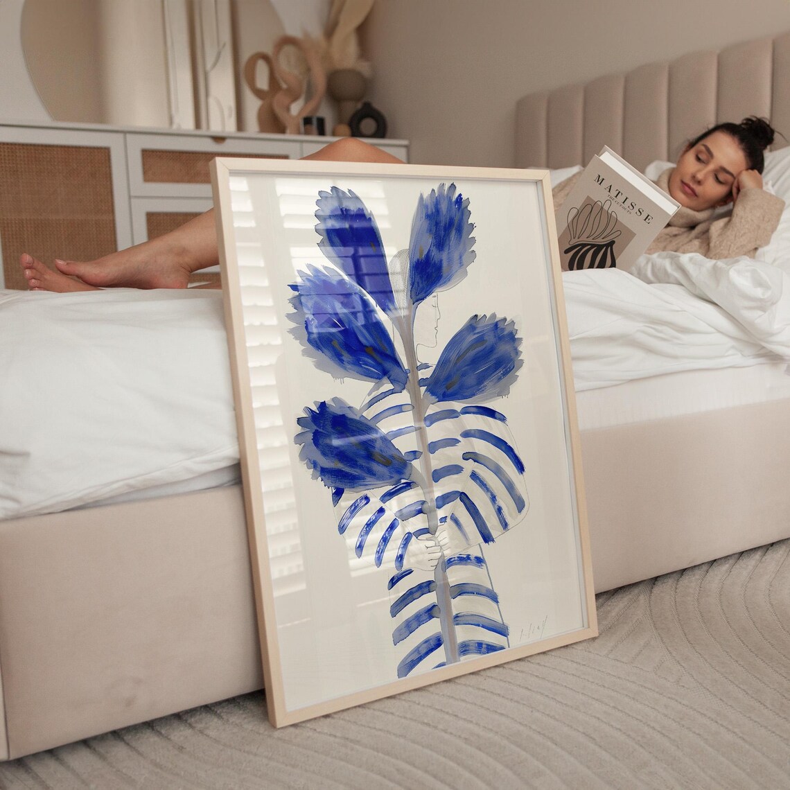 Woman Holding Giant Blue Flowers Striped Dress Naive Art Poster - Image 2