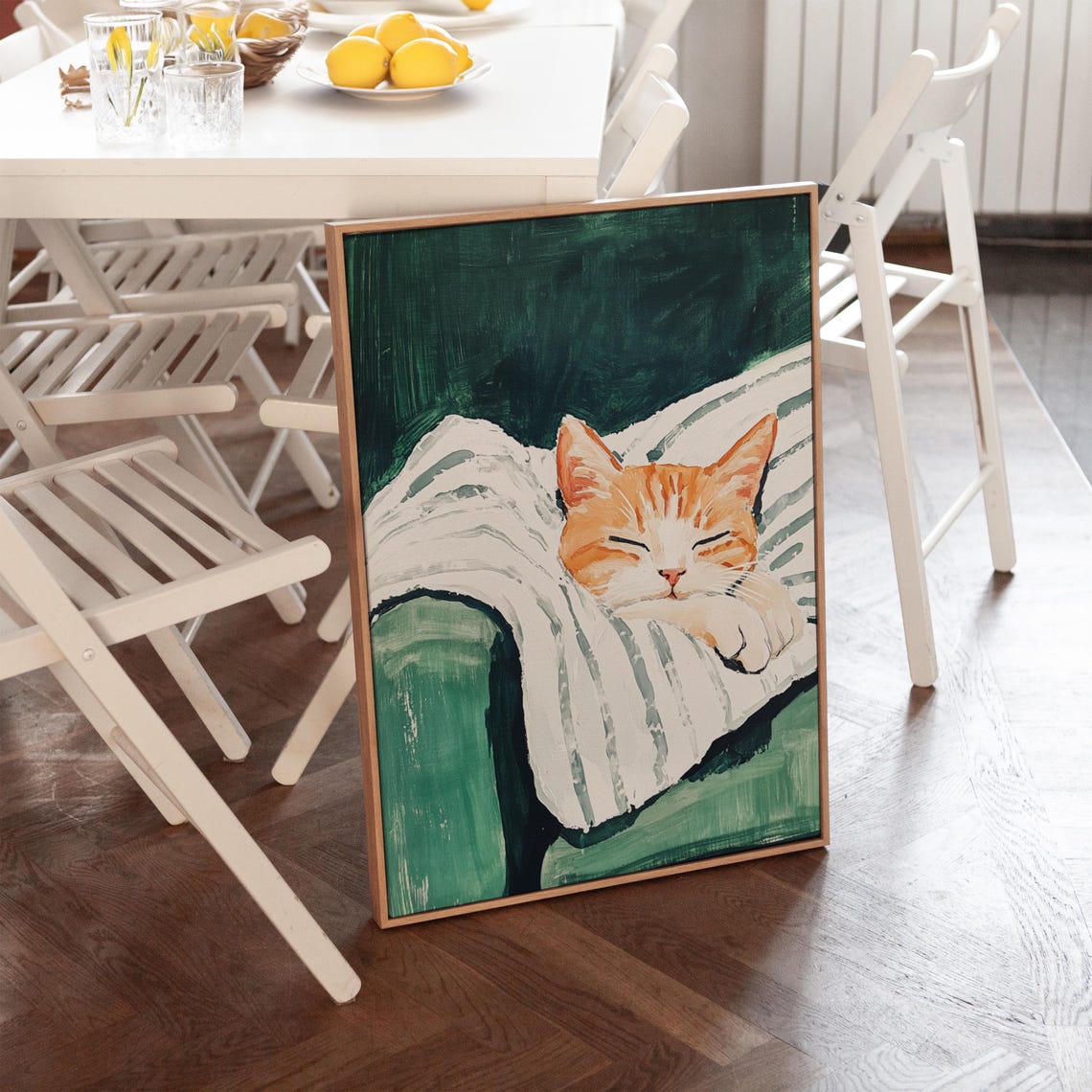 Sleeping Orange Tabby Cat on Striped Pillow Cozy Feline Poster - Image 4