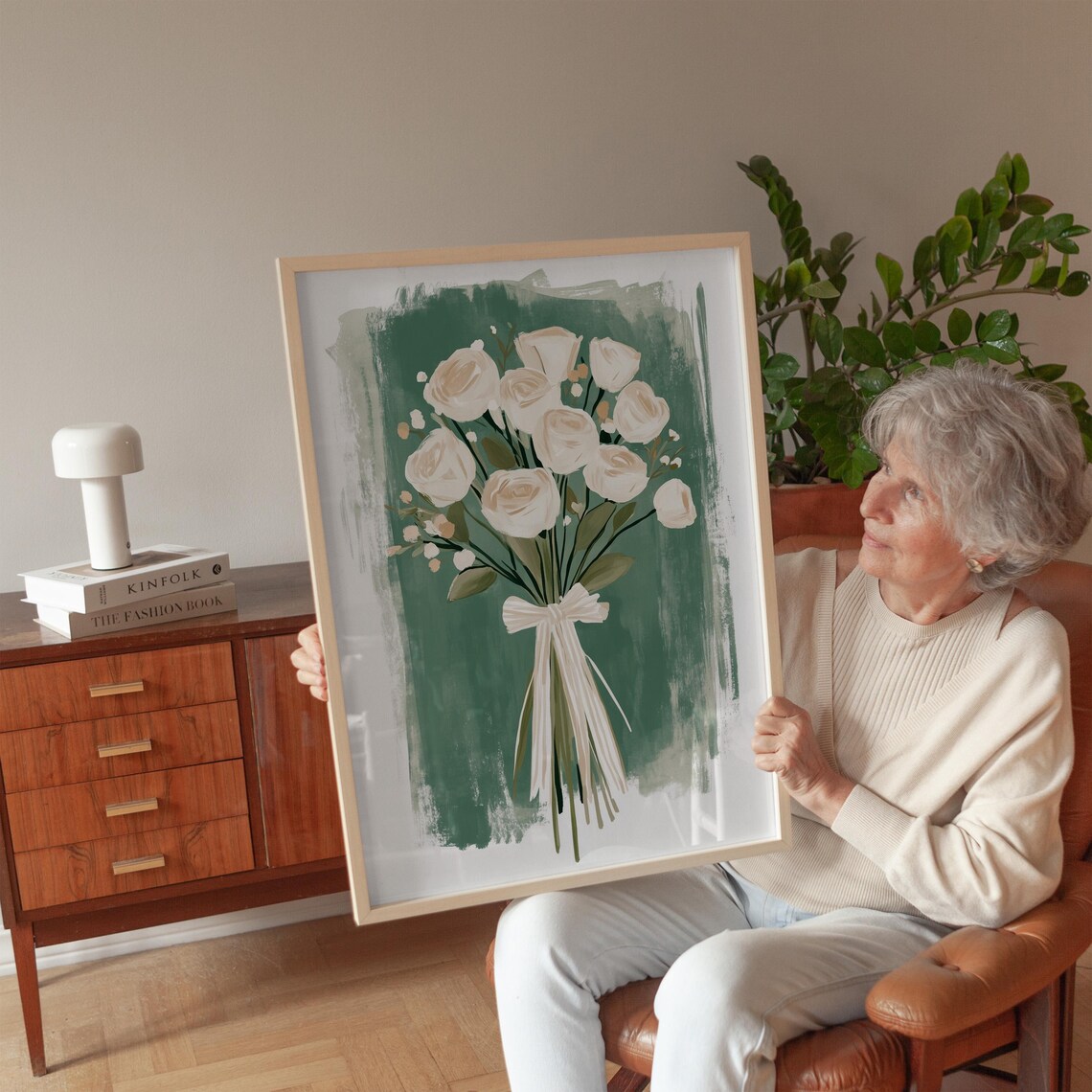White Rose Bouquet With Bow On Sage Green Painterly Floral Poster - Image 2