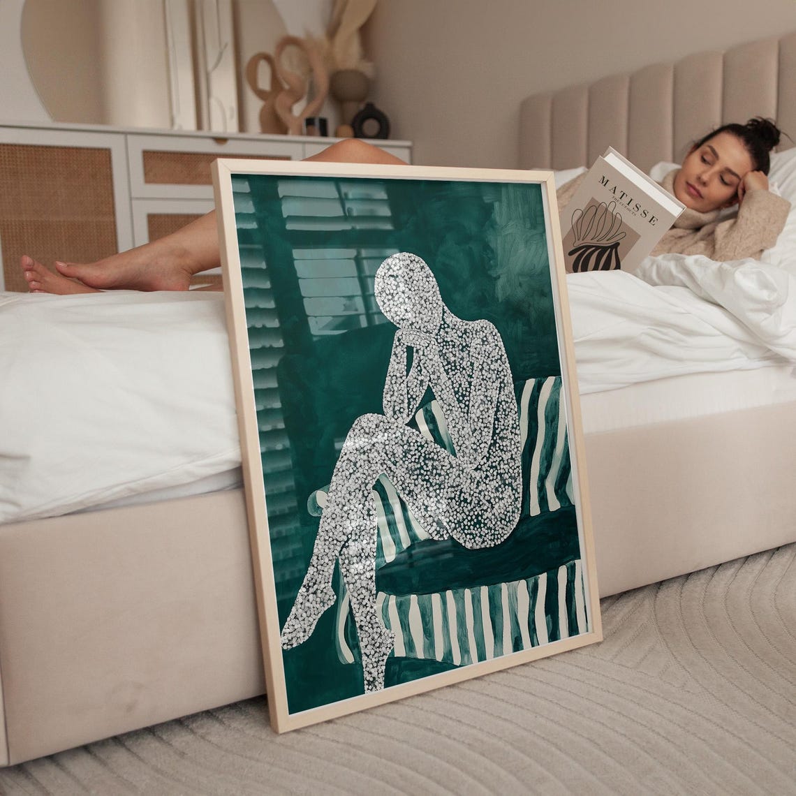 Textured Seated Figure Art Print Abstract Emotional Silhouette Painting Minimal White Dot Pattern Artwork Contemplative Green Decor - Image 2