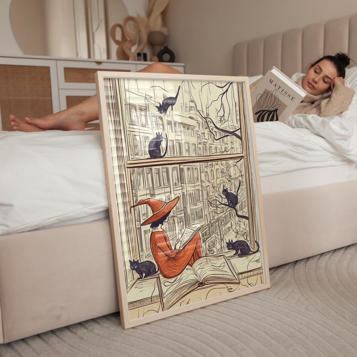 Cozy Witch Reading by Window With Black Cats Orange Autumn Art Poster - Image 4