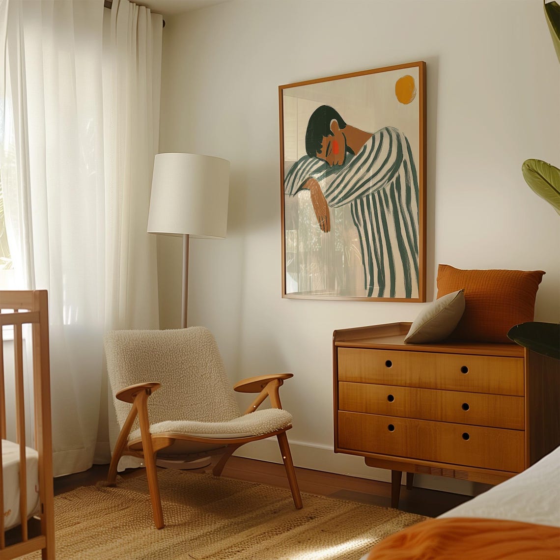 Sleeping Figure in Green Gray Stripes Under Orange Sun Poster - Image 4