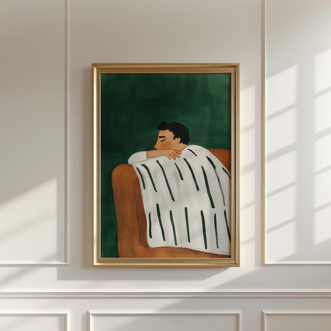 Sleeping Man Under Striped Blanket Peaceful Green Bedroom Wall Art - Image 2