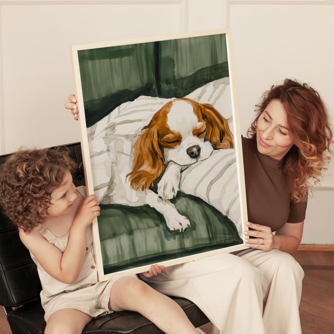 Sleeping Cavalier King Charles Spaniel Puppy On Striped Bedding Print - Image 4