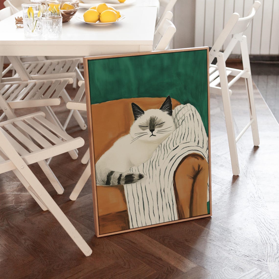Sleeping White Cat Dark Ears Striped Chair Green Cozy Pet Poster - Image 2