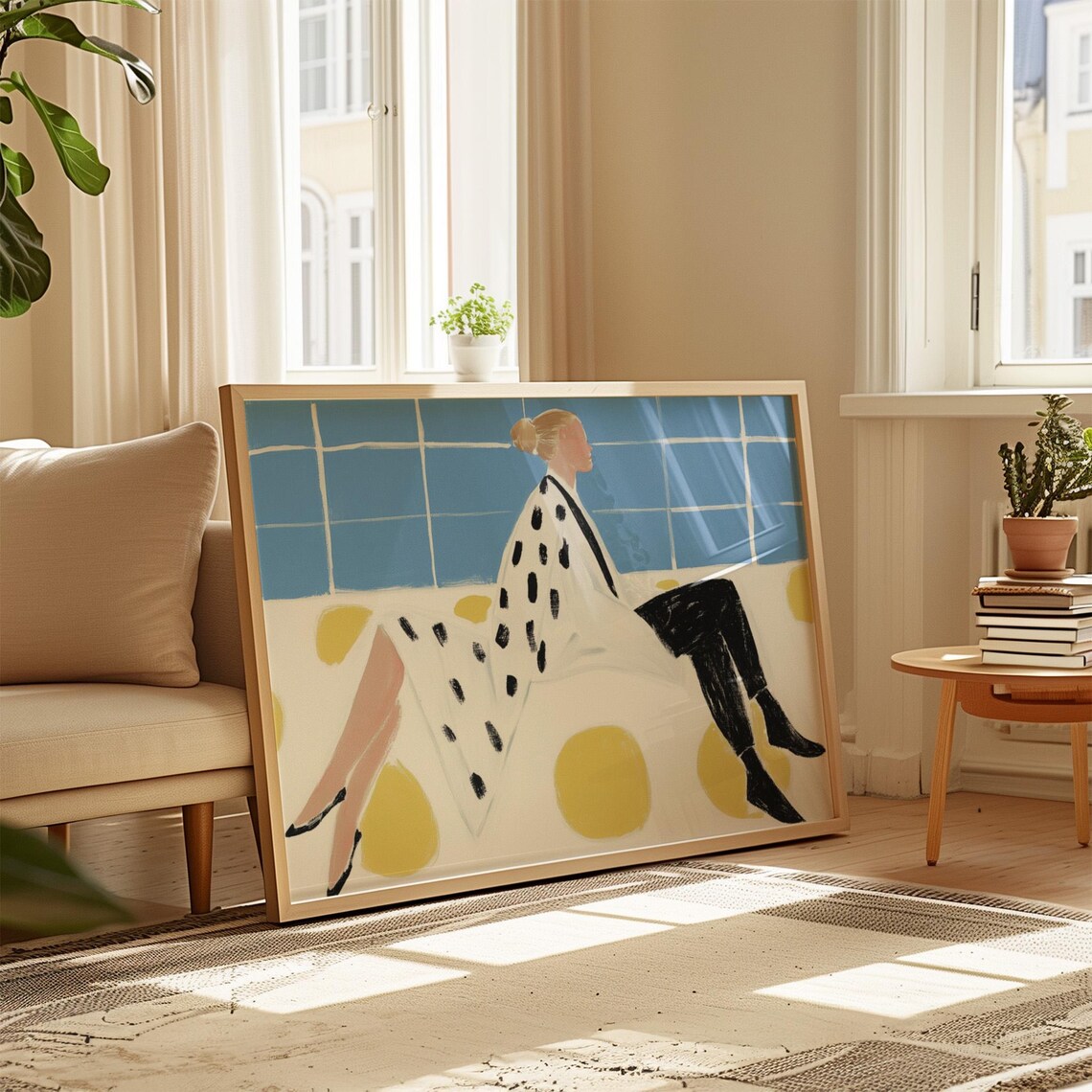 Polka Dot Woman Seated on Blue Tiled Wall Yellow Dots Modern Poster - Image 3
