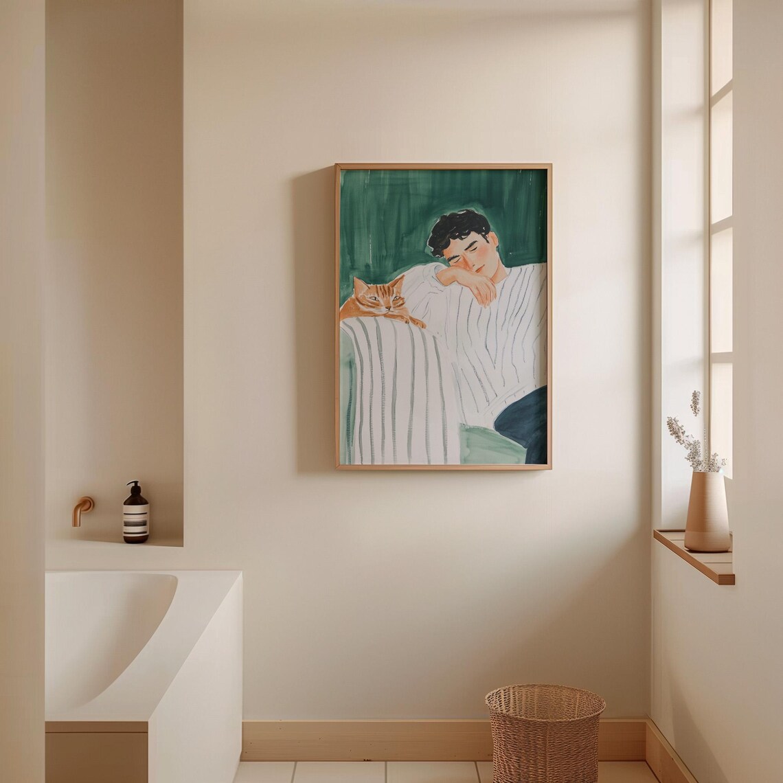 Cozy Man And Orange Cat Watercolor Portrait Emerald Green Pet Poster - Image 3
