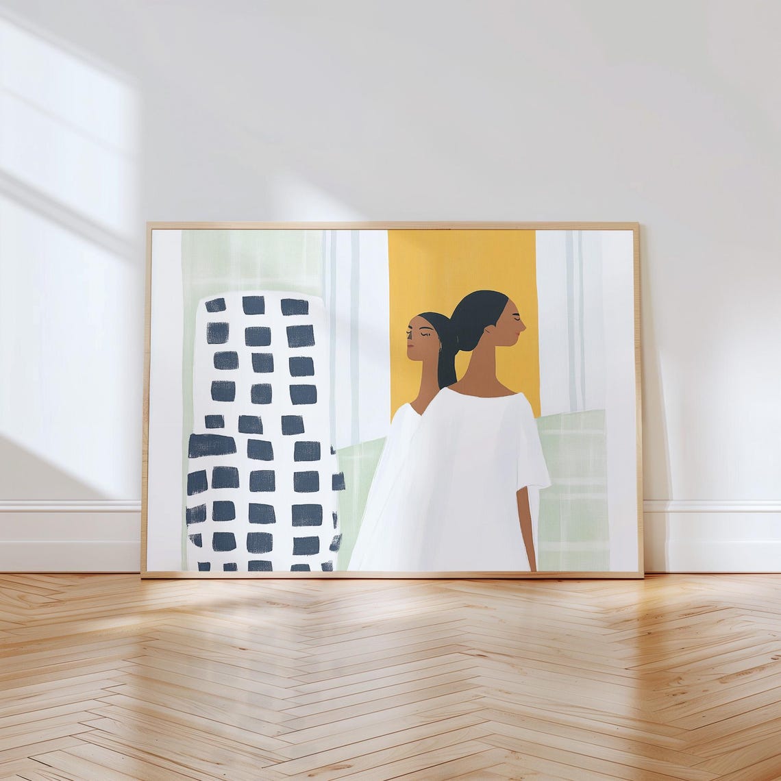 Two Women in White Standing Against Colorful Abstract Panels Poster