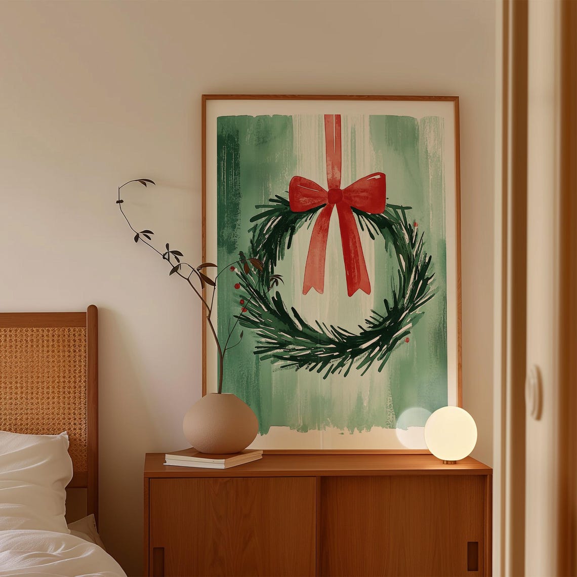 Green Pine Christmas Wreath With a Big Red Bow Watercolor Poster - Image 4