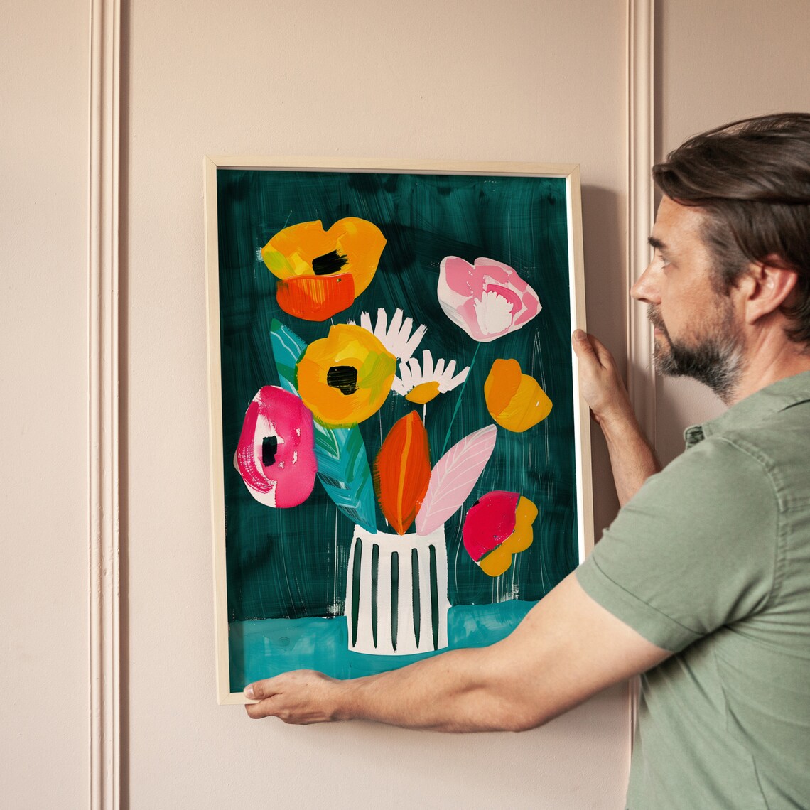 Colorful Abstract Flowers in Striped Vase Teal Bouquet Poster - Image 4