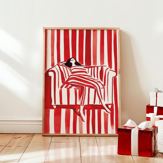 Red Stripe Abstract Art Print Modern Female Figure Poster Bold Minimalist Wall Art Striped Pattern Illustration Unique Home Decor
