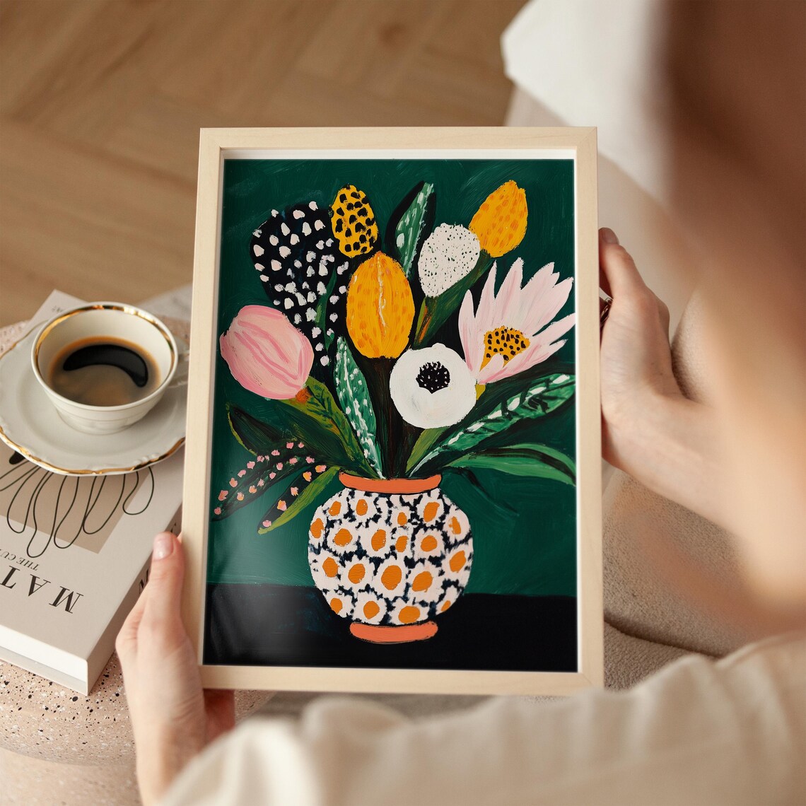 Bold Pink Yellow Flower Bouquet Polka Dot Vase Dark Green Art Poster