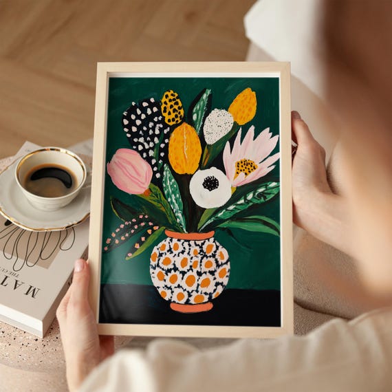 Bold Floral Bouquet Art Print Colorful Abstract Flower Vase Painting Vibrant Nature Inspired Wall Decor Modern Botanical Illustration
