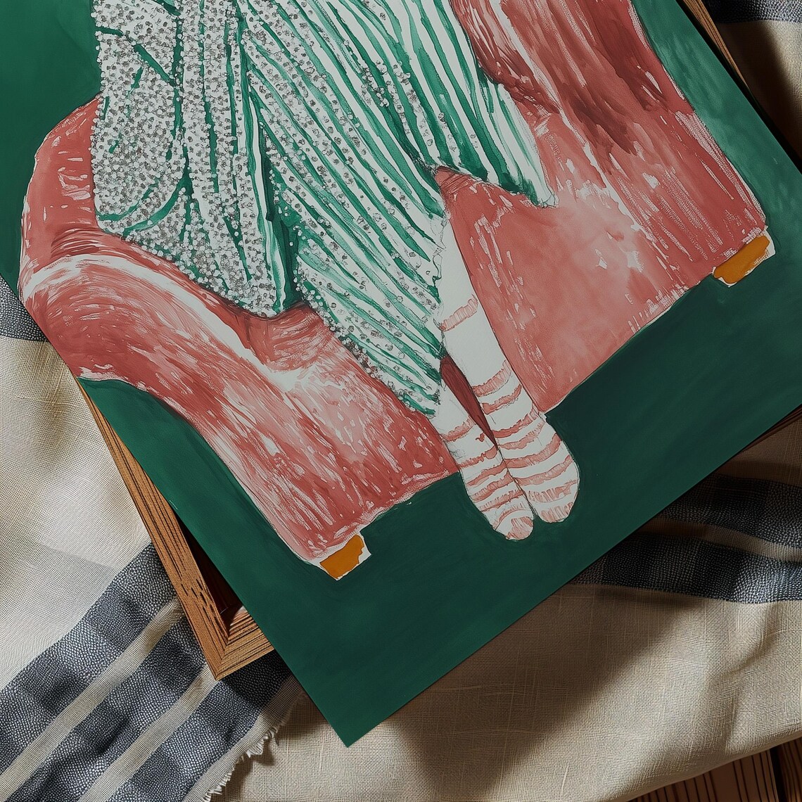 Woman Sleeping Curled in a Pink Armchair with Striped Blanket Poster - Image 4