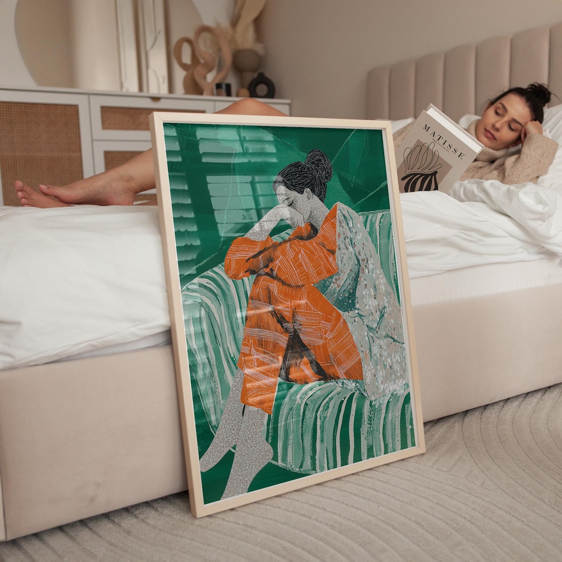 Woman in Orange Pajamas Resting on a Green Striped Sofa Poster - Image 5