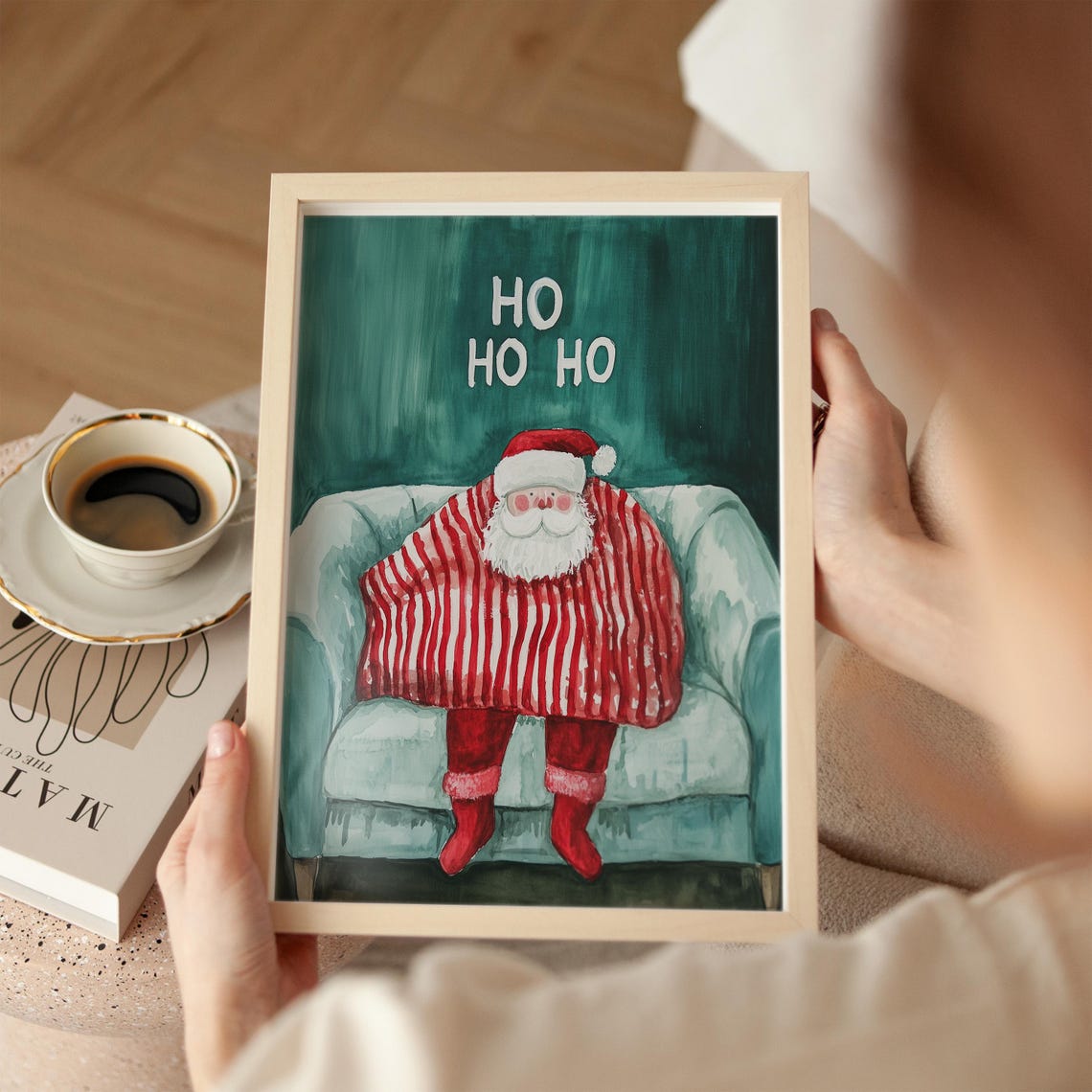 Ho Ho Ho Santa Relaxing on a Couch in a Cozy Green Blanket Poster - Image 2