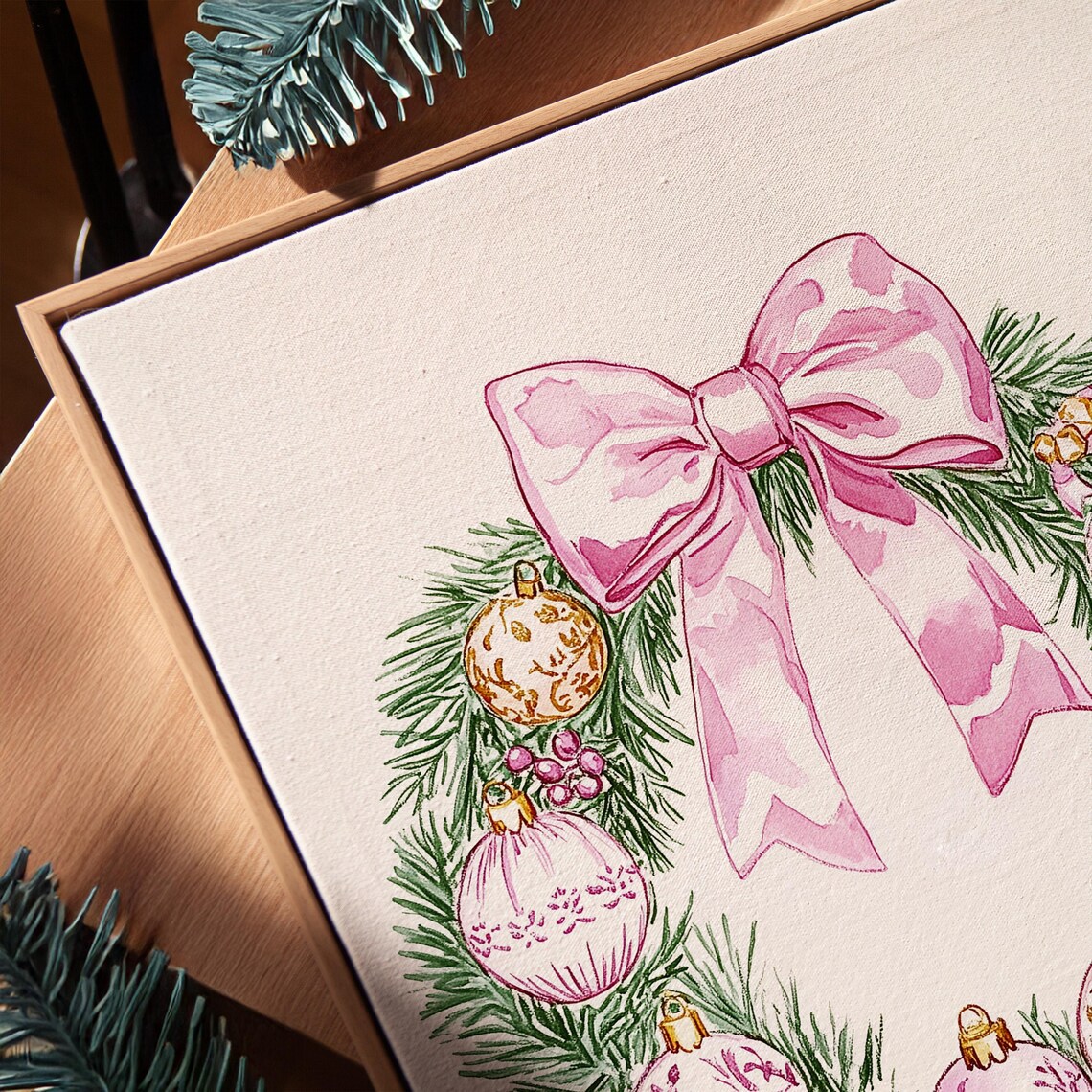 Pink Christmas Wreath With a Big Bow and Pastel Ornaments Poster - Image 4