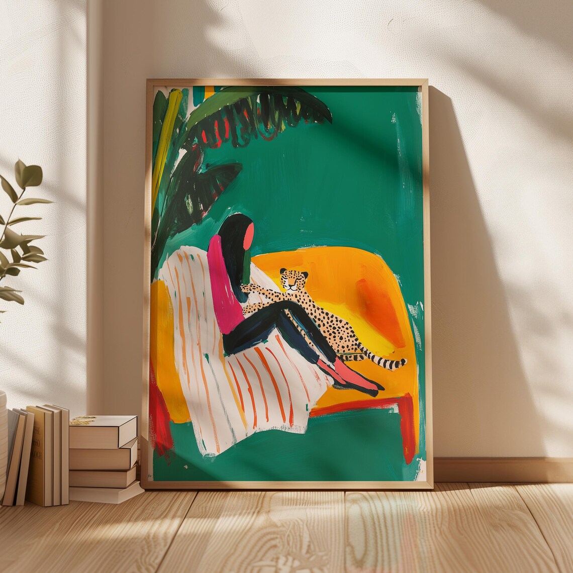 Woman With Cheetah, Vibrant Tropical Art Print
