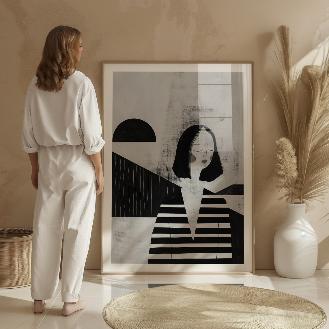 Abstract Woman In Striped Dress Geometric Black White Wall Art - Image 4