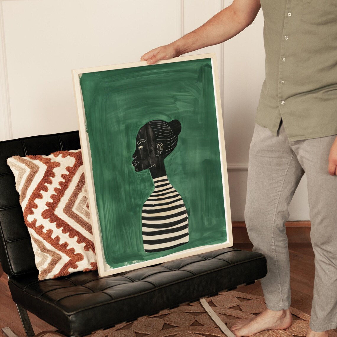 Green Abstract Woman Profile Striped Vase Silhouette Art Poster - Image 2