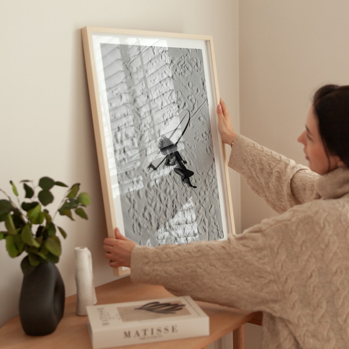 Beach Adventure Awaits Print Miniature Surfer On Sand Waves Art Creative Black And White Seascape Photo - Image 3