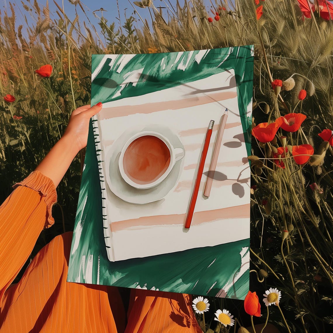 Sketchbook and Cup of Tea Overhead Watercolor Creative Desk Art Poster - Image 4