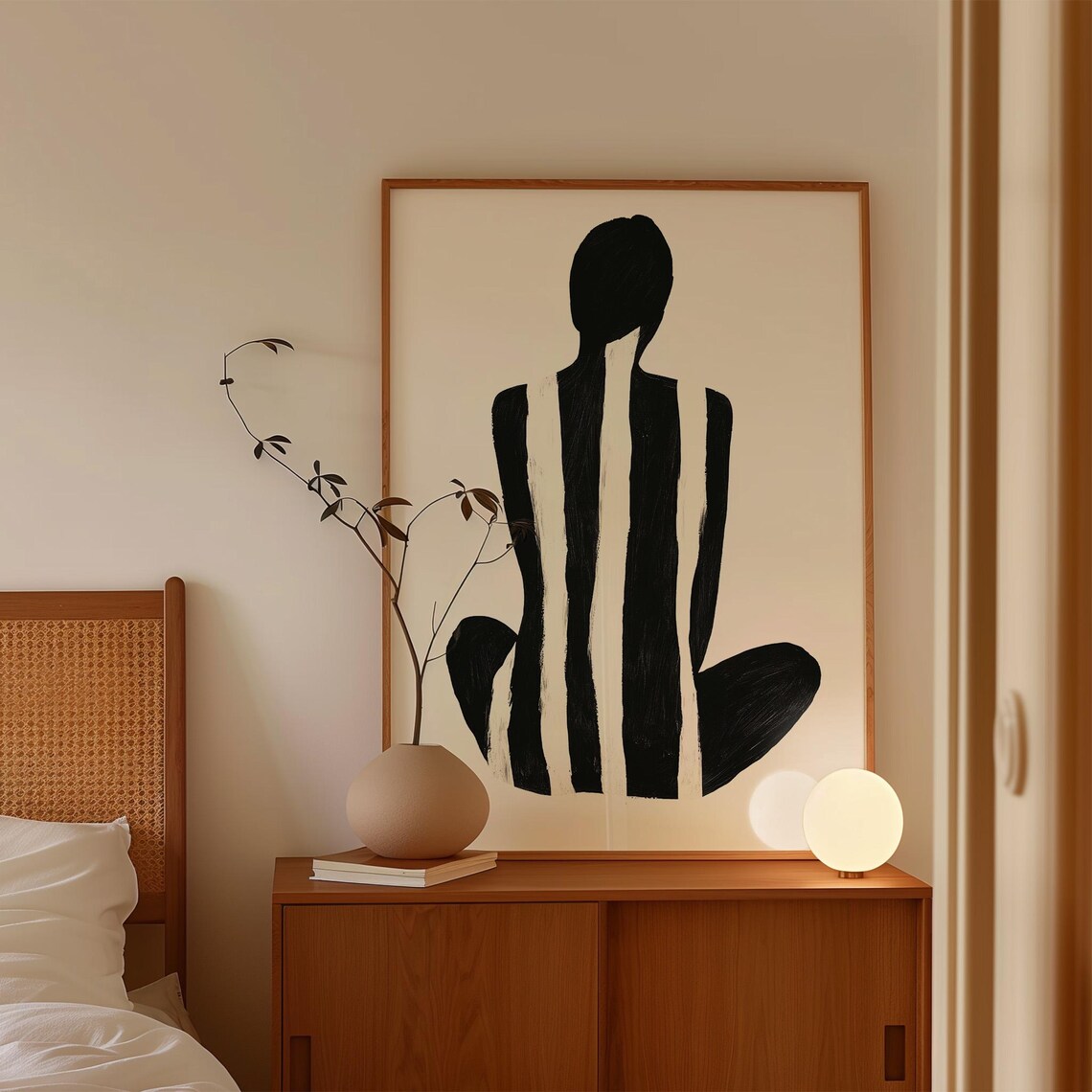 Abstract Black And White Striped Seated Nude Figure Painting Print - Image 4