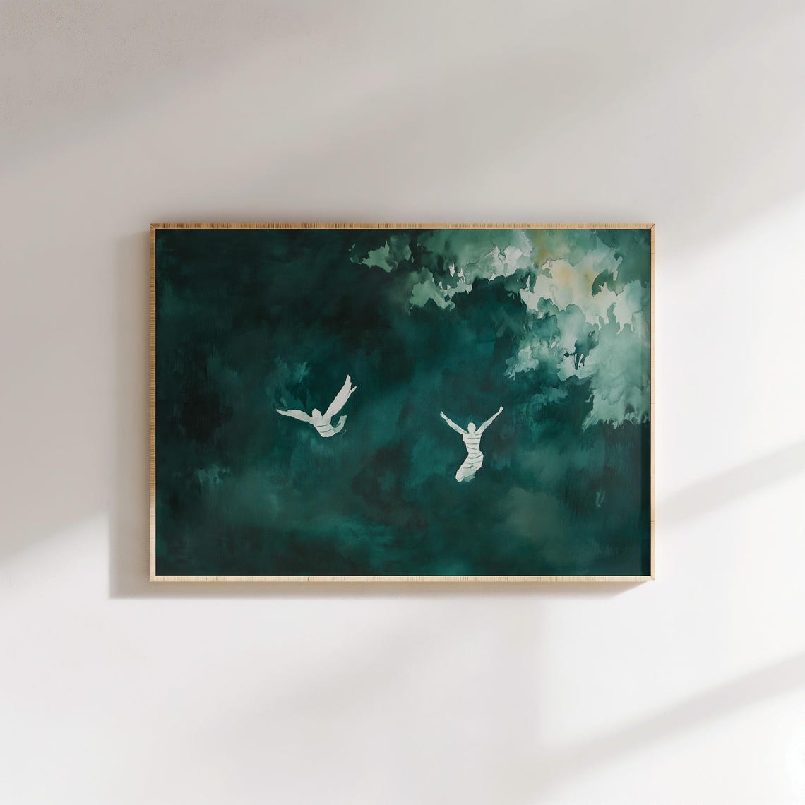 Emerald Green Abstract People Illustration Contemporary Art Minimalist Clouds Wall Decor Modern Floating Figures Artwork