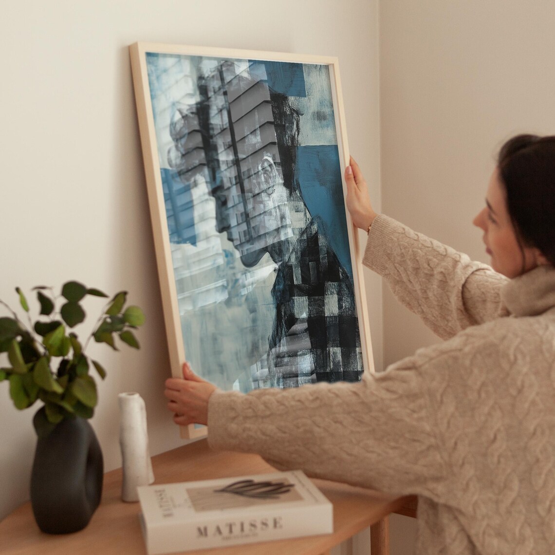 Blue Fragmented Male Portrait In Profile Abstract Painting Wall Art - Image 2