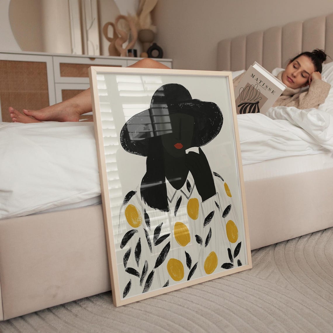 Woman in a Black Hat with a Lemon Pattern Blouse Minimalist Poster - Image 3