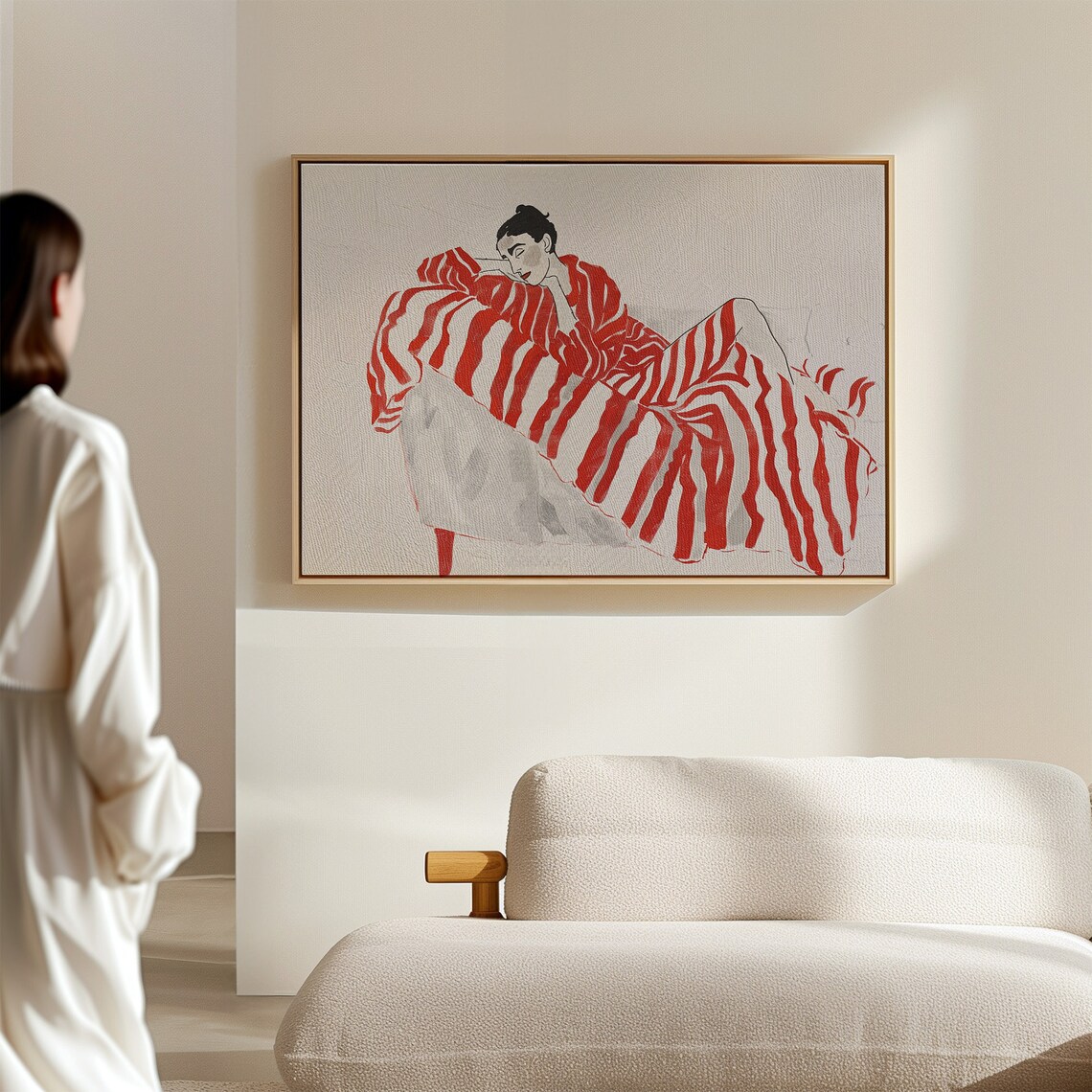 Bold Modern Line Drawing Woman in Red Striped Outfit - Image 3