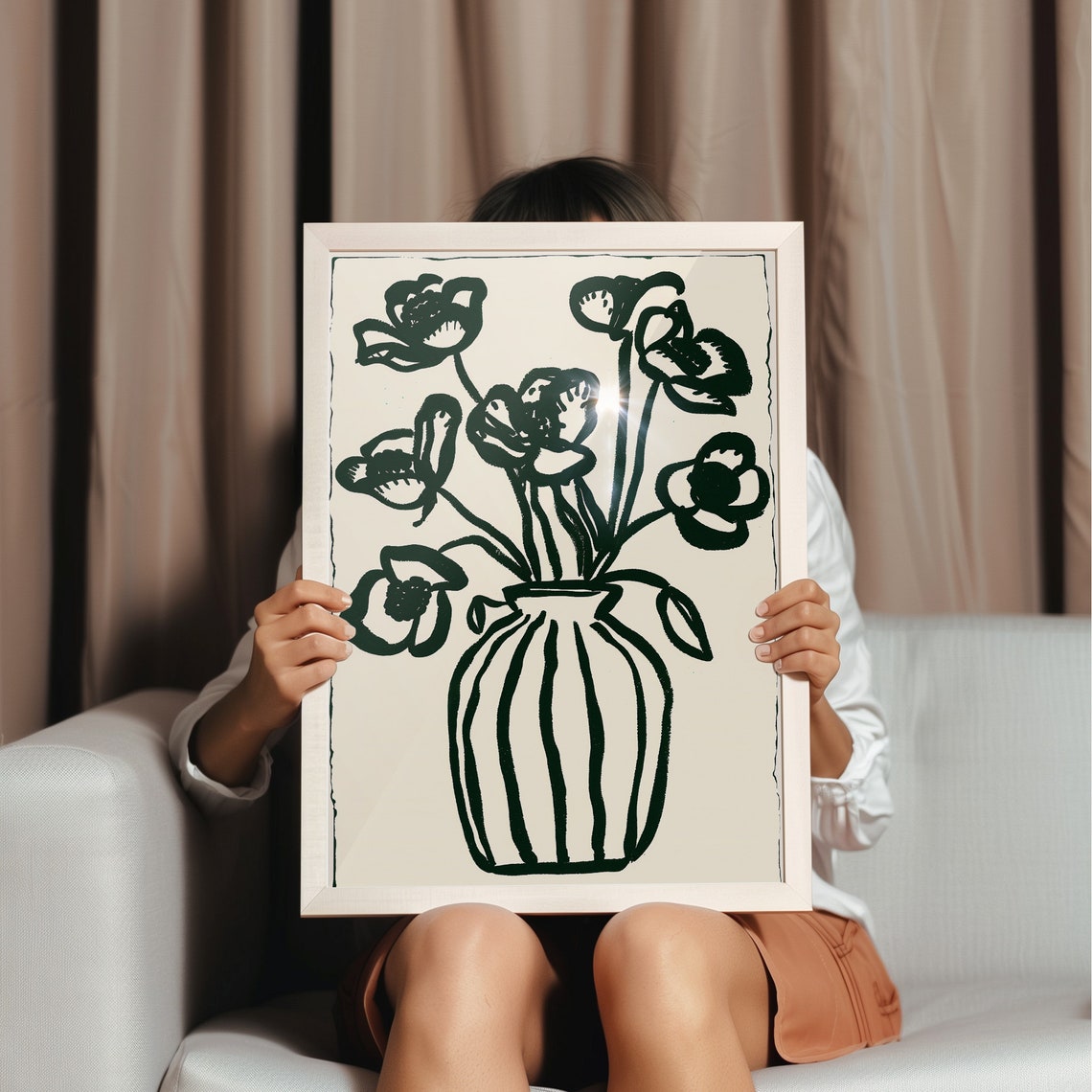 Abstract Black Ink Botanical Flowers Striped Vase Neutral Wall Poster - Image 2