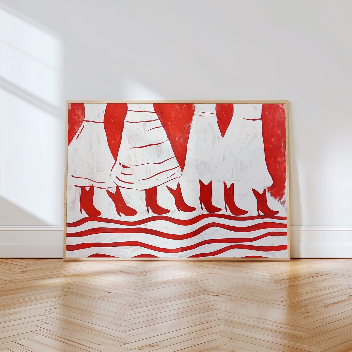 Red and White Abstract Women in Skirts and Boots Modern Art Wall Poster - Image 4