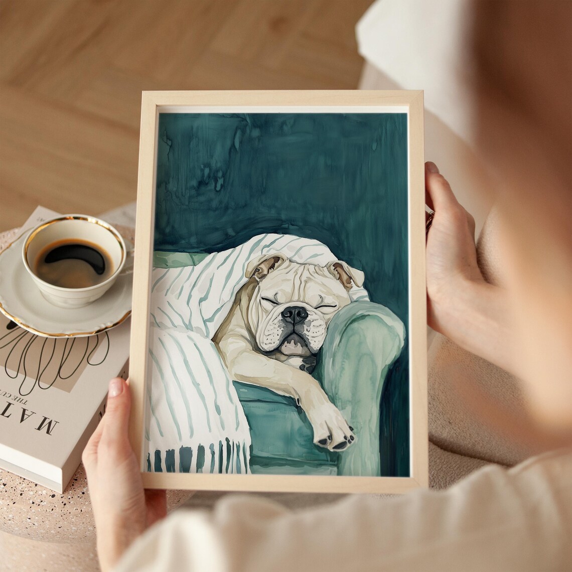 Sleeping Bulldog Dog Art Print Cozy Bulldog On Couch Painting Dog Lover Wall Decor Bulldog Portrait Watercolor Relaxing Pet Artwork
