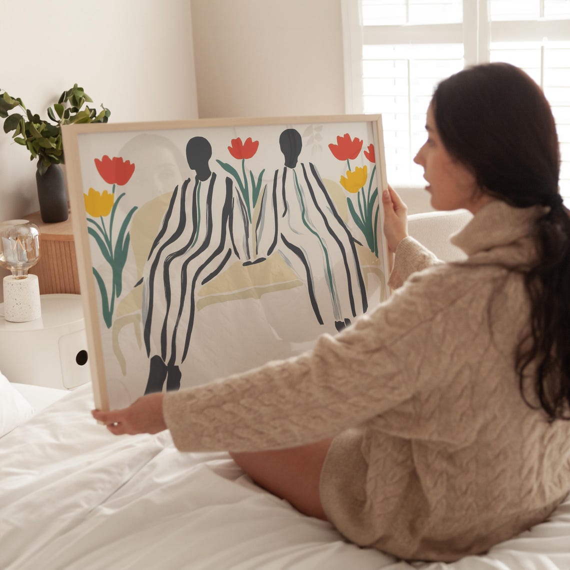 Couple in Striped Robes Seen From Behind Among Red Tulips Poster - Image 5