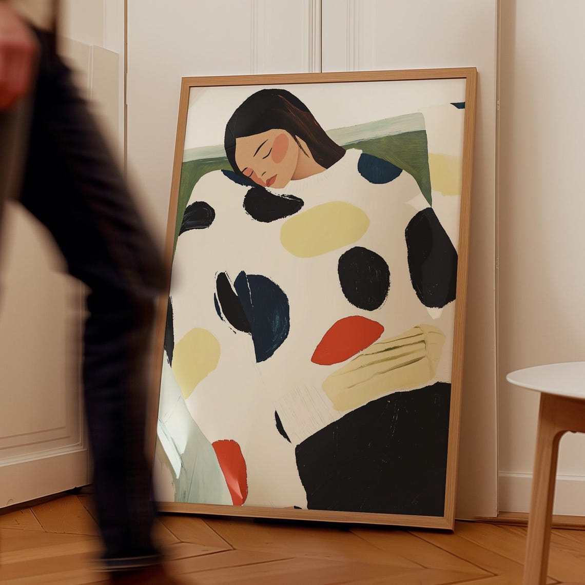 Woman Resting Head In Colorful Dotted Robe Cozy Minimalist Poster - Image 5