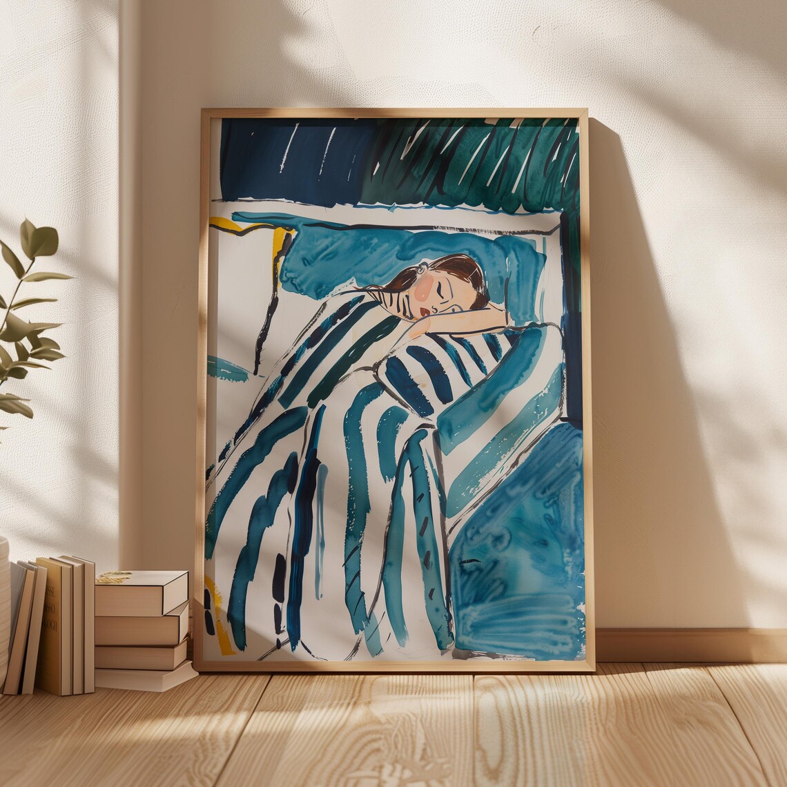 Abstract Sleeping Woman Print, Modern Blue Bedroom Art