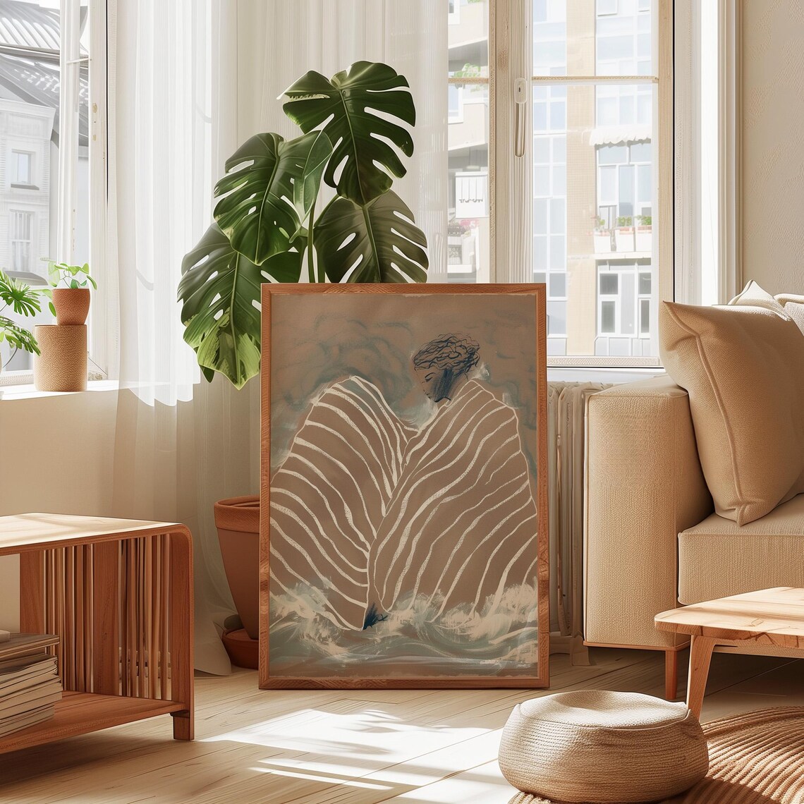 Abstract Woman in Striped Blanket Minimalist Art Print - Image 4