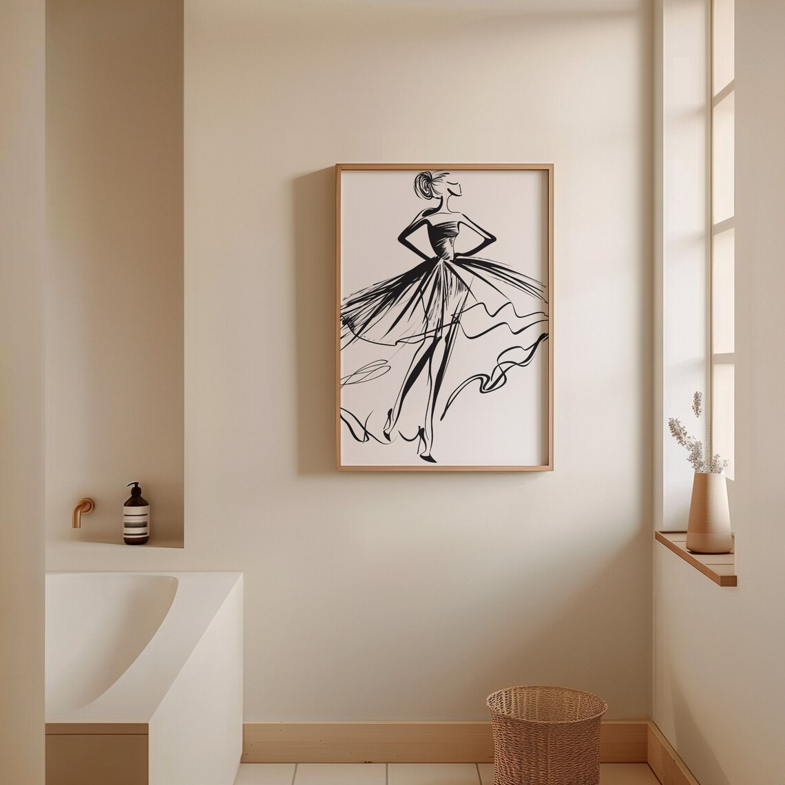 Fashion Illustration Woman Flowing Black Gown Minimal Line Poster - Image 3