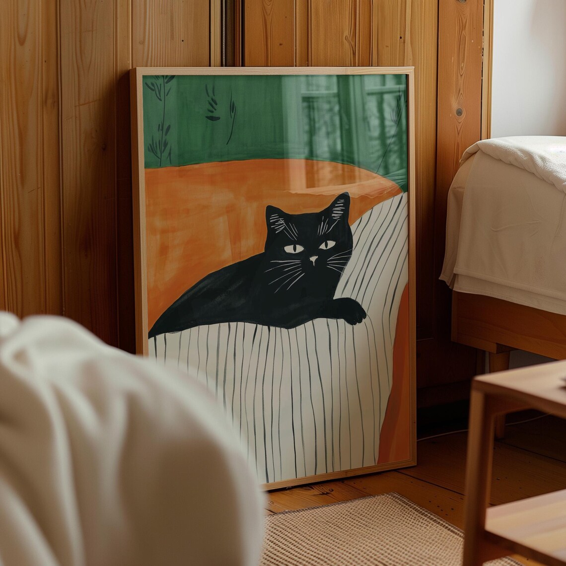 Black Cat Lounging Striped Sofa Bold Orange Green Modern Pet Art Poster - Image 4