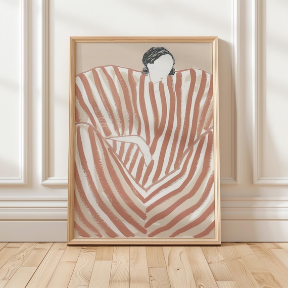 Faceless Woman In A Terracotta Striped Dress Seated Boho Wall Art