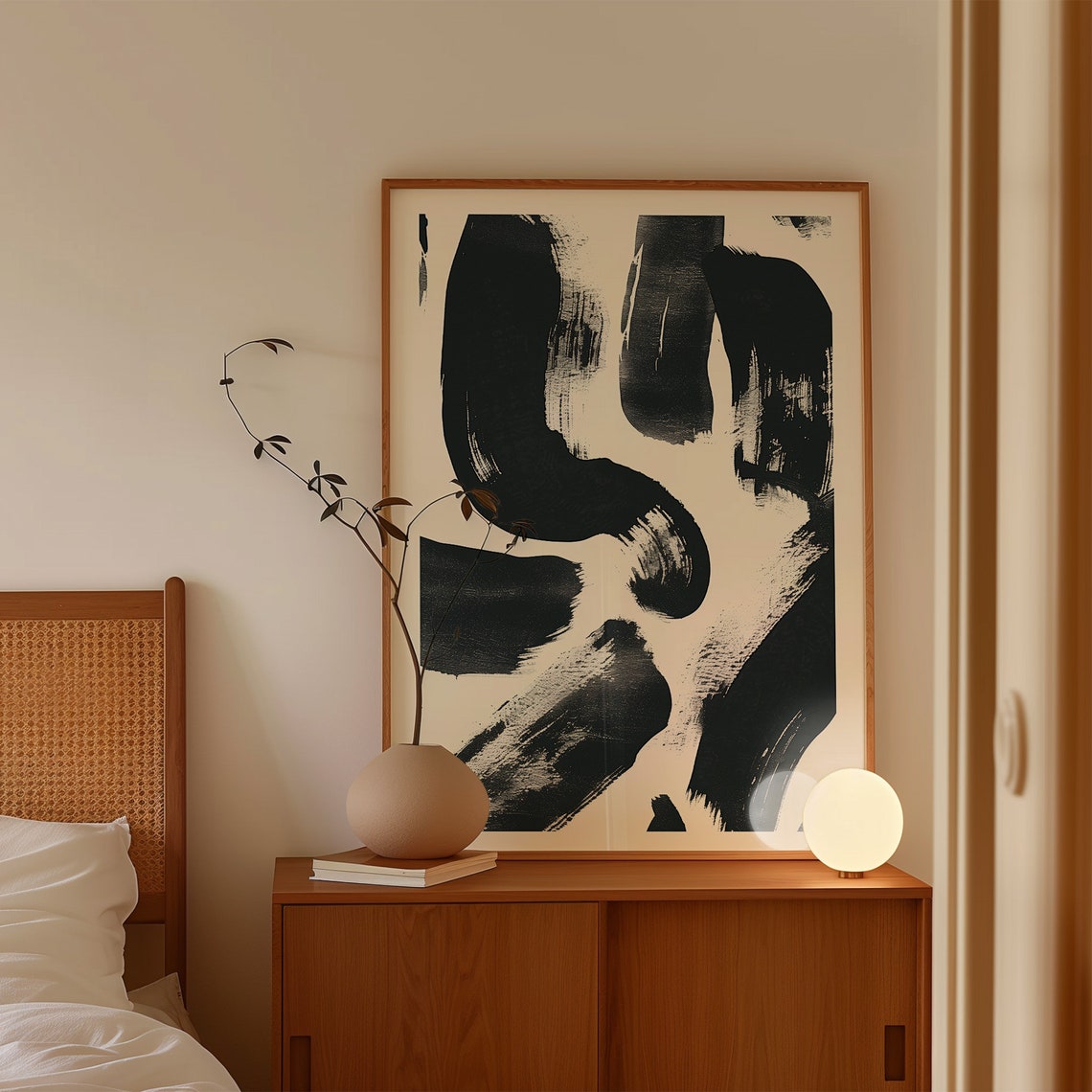 Bold Abstract Black Brushstroke Marks On Cream Modern Wall Art - Image 4