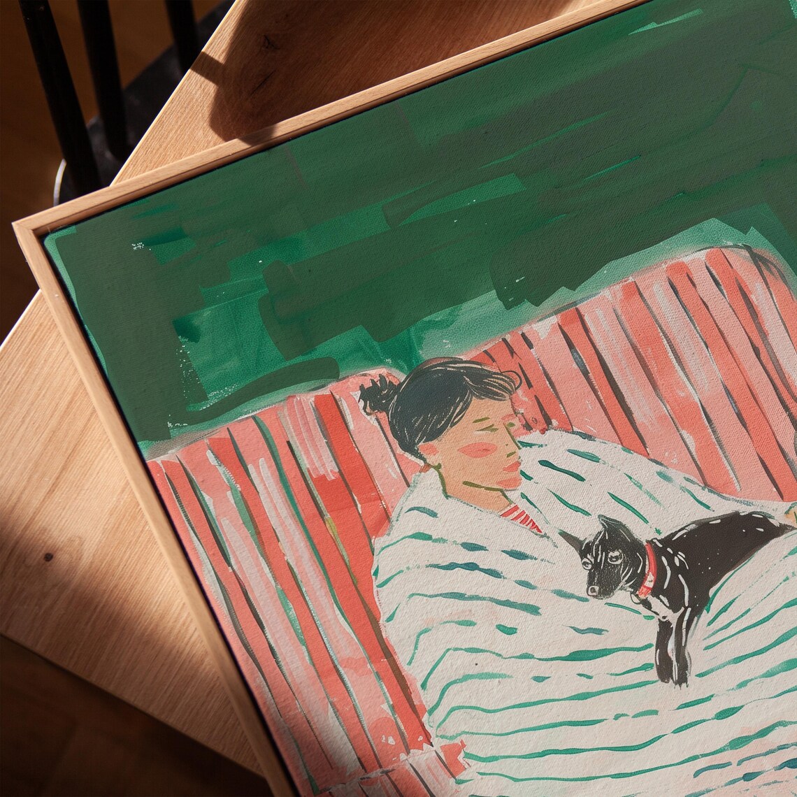 Cozy Woman Cuddling Dog On Striped Couch Green Pet Painting Poster - Image 3