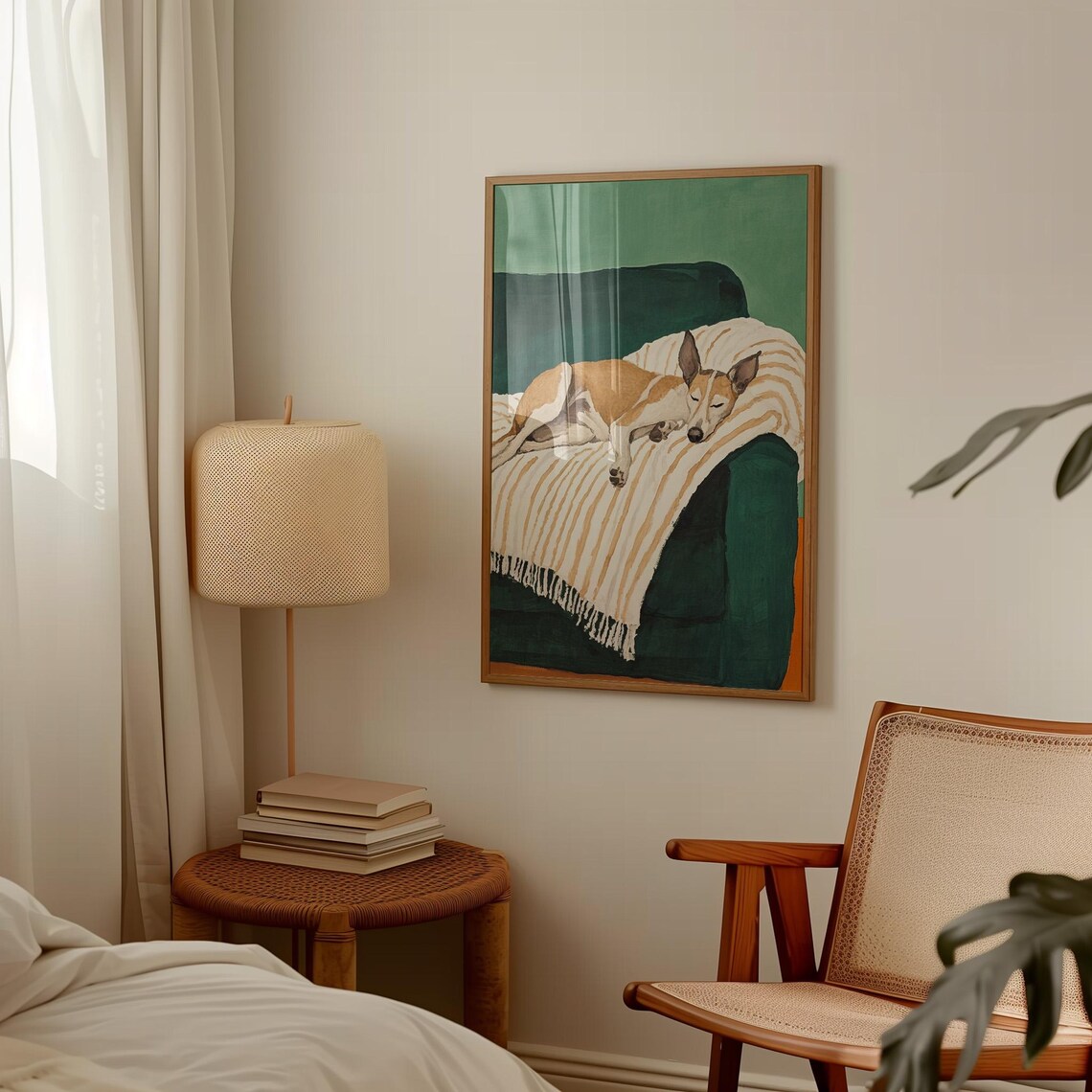 Sleeping Dog Watercolor Portrait Striped Blanket Green Pet Poster - Image 4
