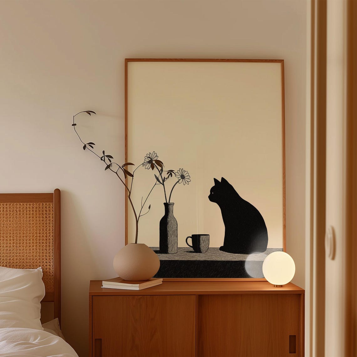 Black Cat Silhouette with Daisies and Mug Minimalist Cat Poster - Image 4