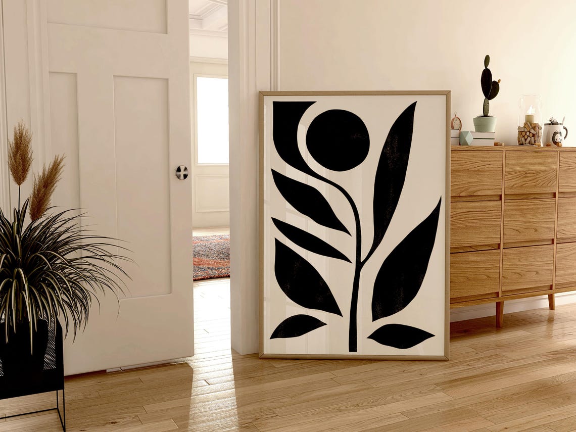 Scandinavian Minimalist Black White Botanical Leaf Silhouette Wall Art - Image 4