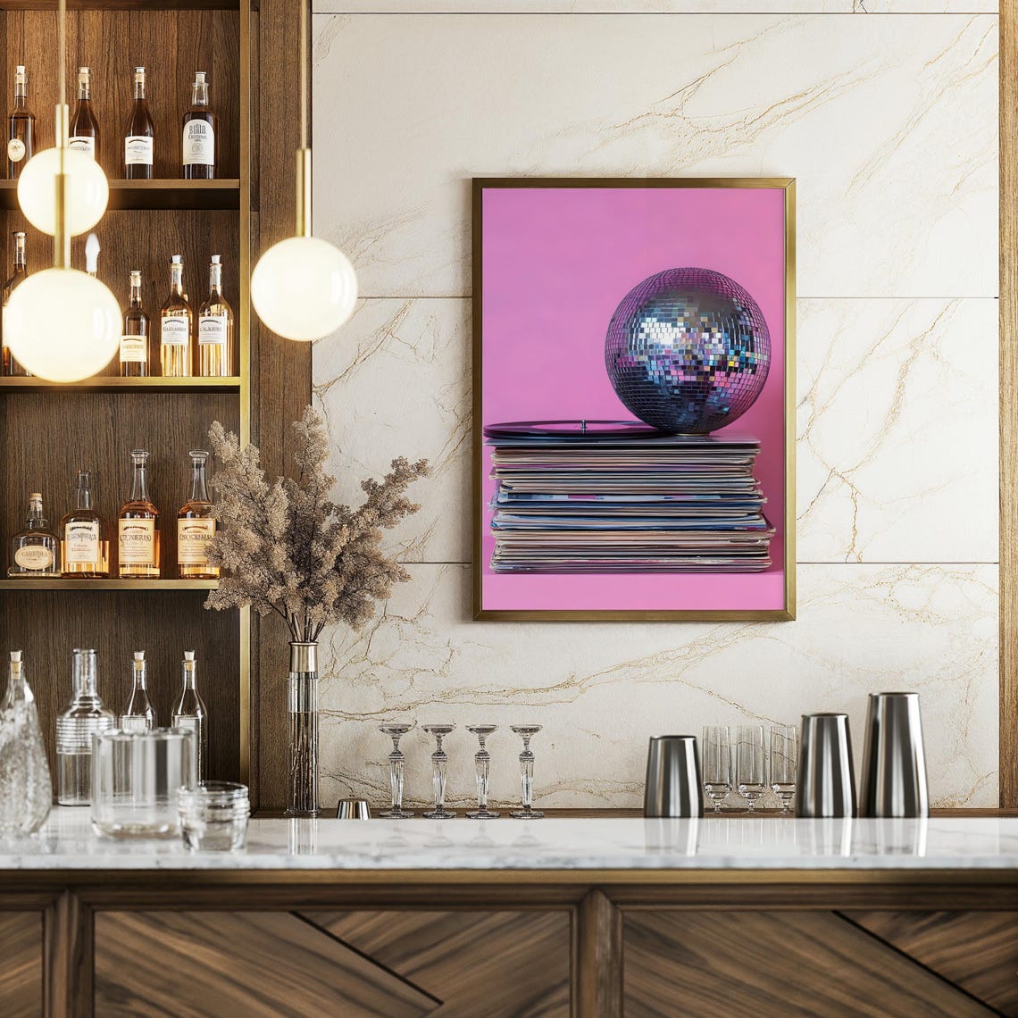Disco Ball Stack Of Vinyl Records Pink Retro Music Room Wall Poster - Image 4