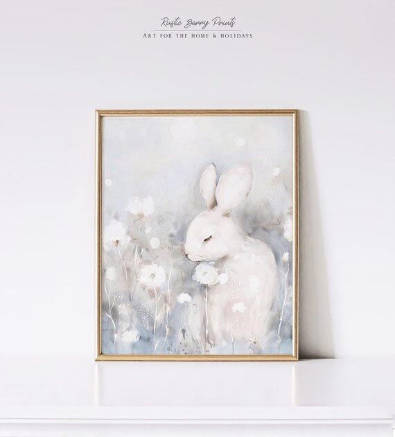 White Rabbit Among Wildflowers Soft Blue Gray Nursery Wall Art