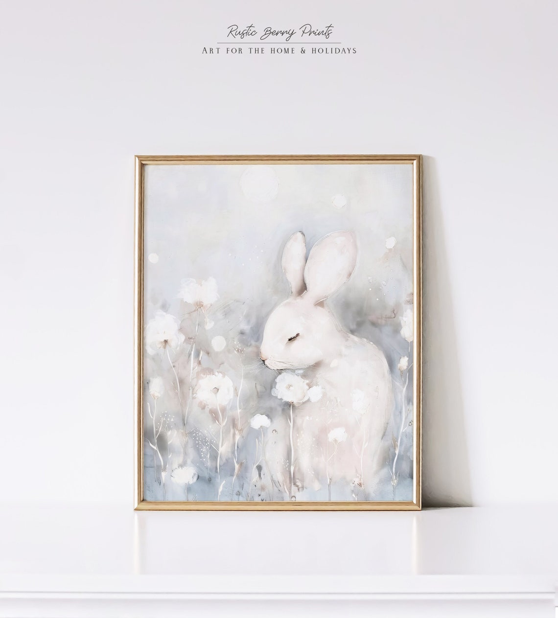 White Rabbit Among Wildflowers Soft Blue Gray Nursery Wall Art