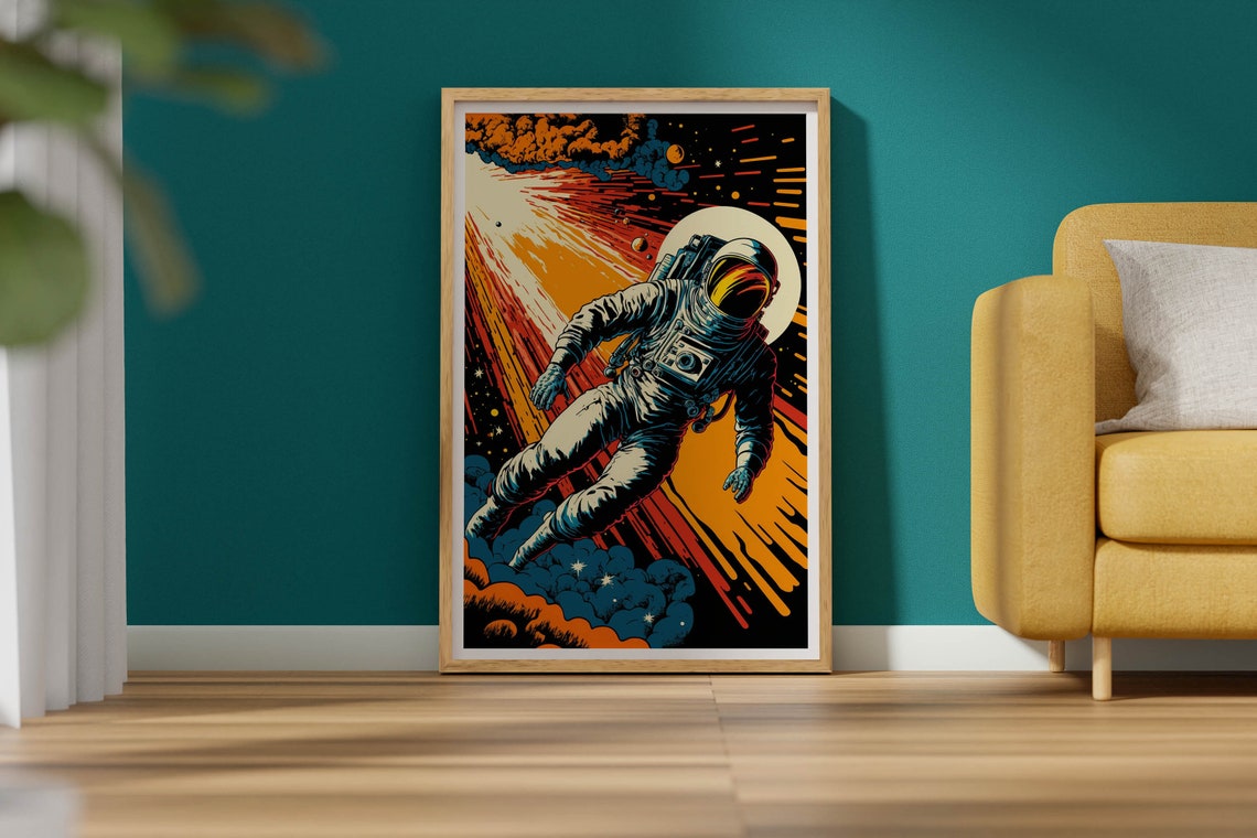 Bold Retro Astronaut Sunburst Speed Comic Space Adventure Poster - Image 2
